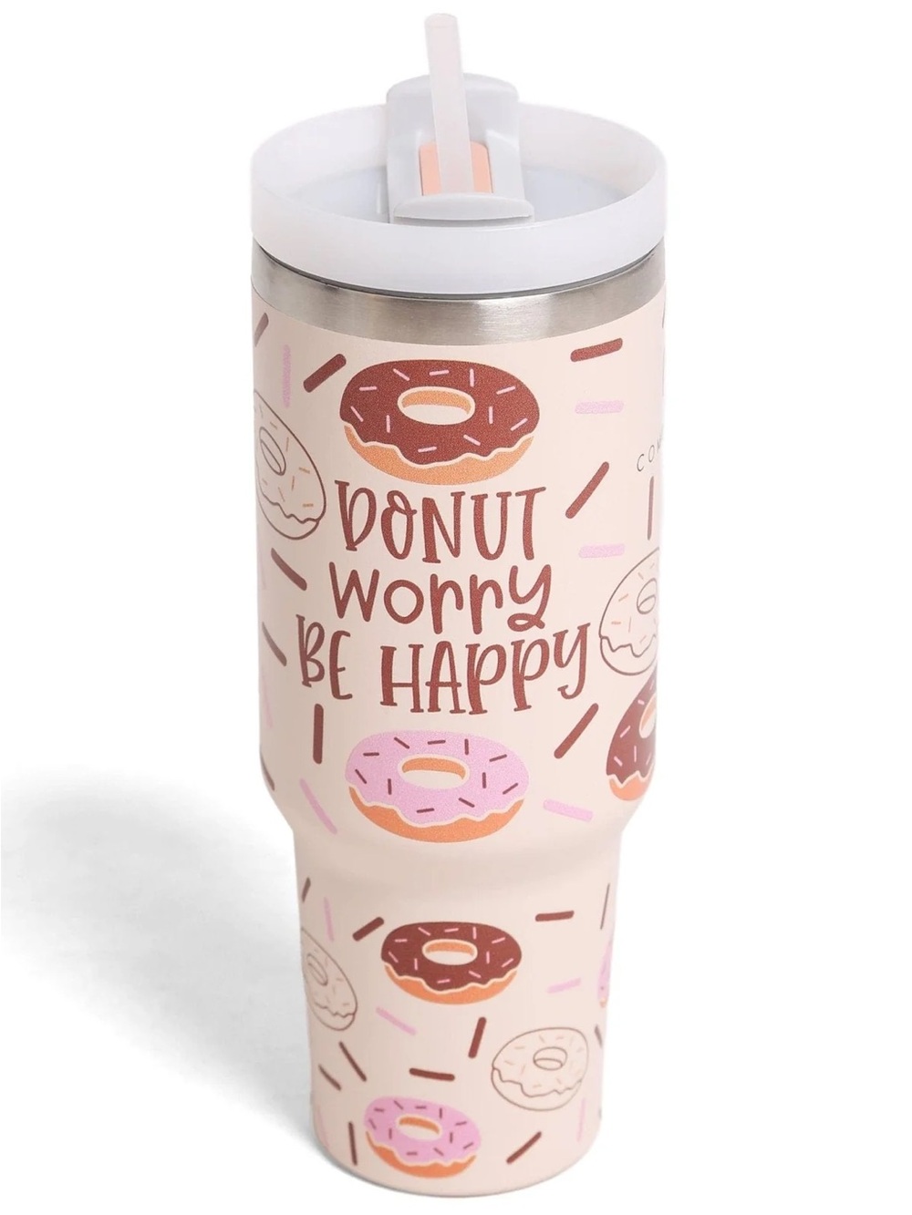 Donut Worry Be Happy Pink Donut Travel Tumbler